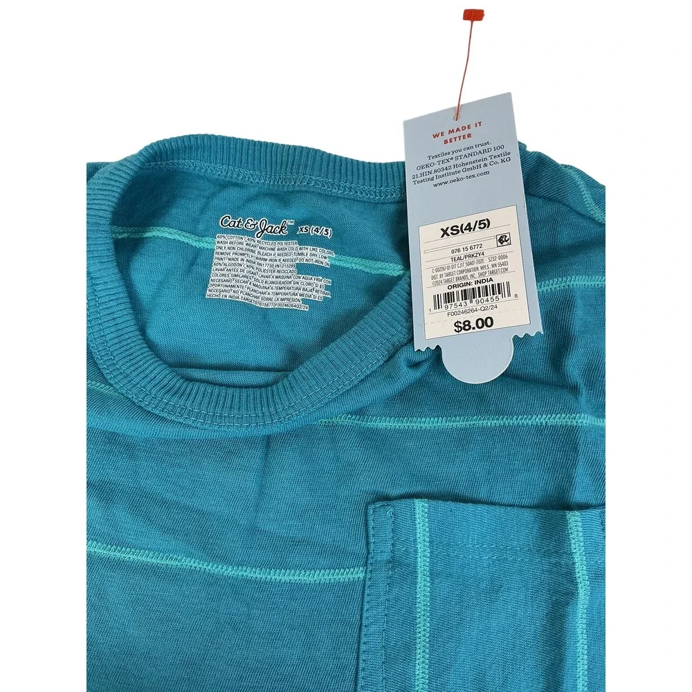 Cat & Jack Kids XS 4/5 Teal Striped Pocket T-Shirt Lot‎ of 2 New with Tags